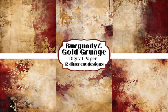 Burgandy Gold Grunge Backgrounds Texture: Digital Papers for Crafters