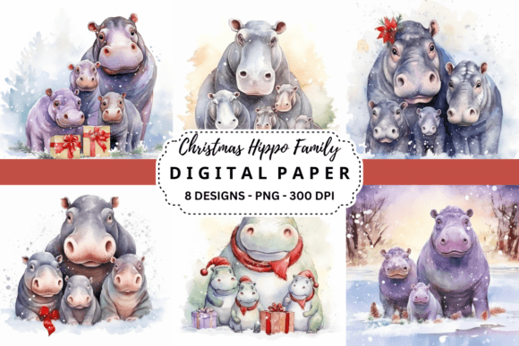 Christmas Hippo Family Backgrounds: Whimsical Design Assets